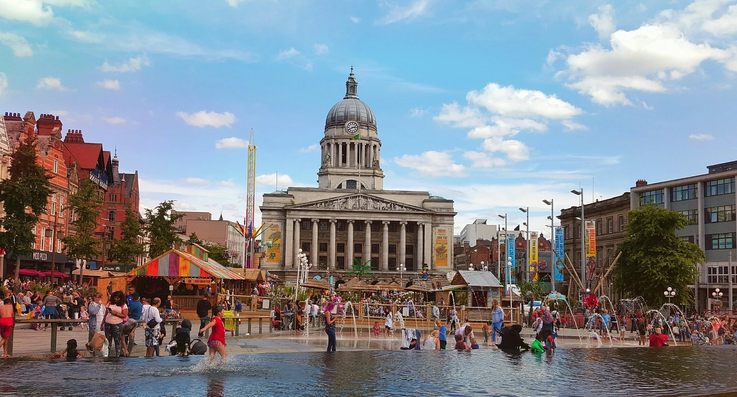 Nottingham City Centre with fountains and historic buildings