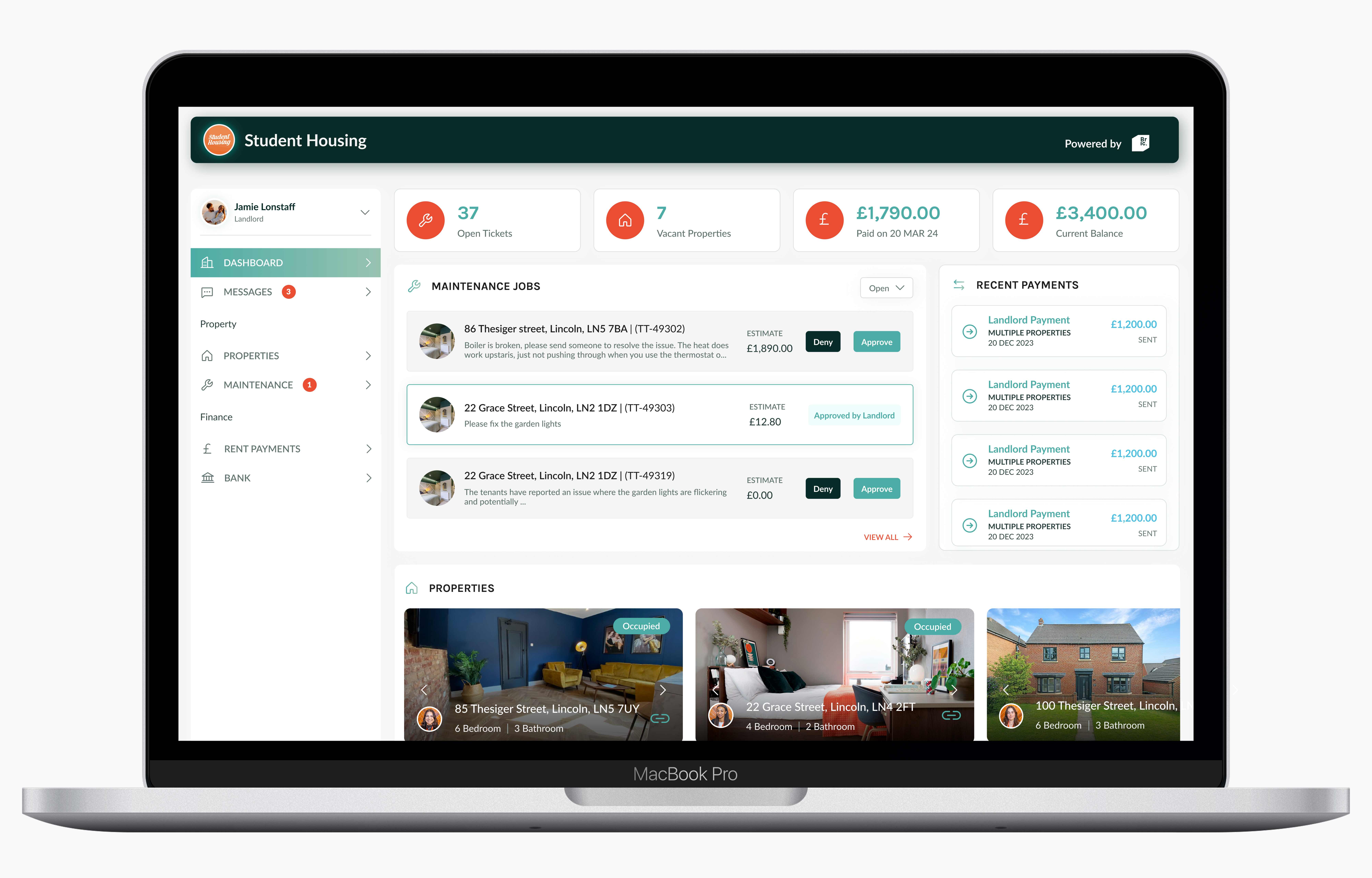 Property management dashboard on a laptop