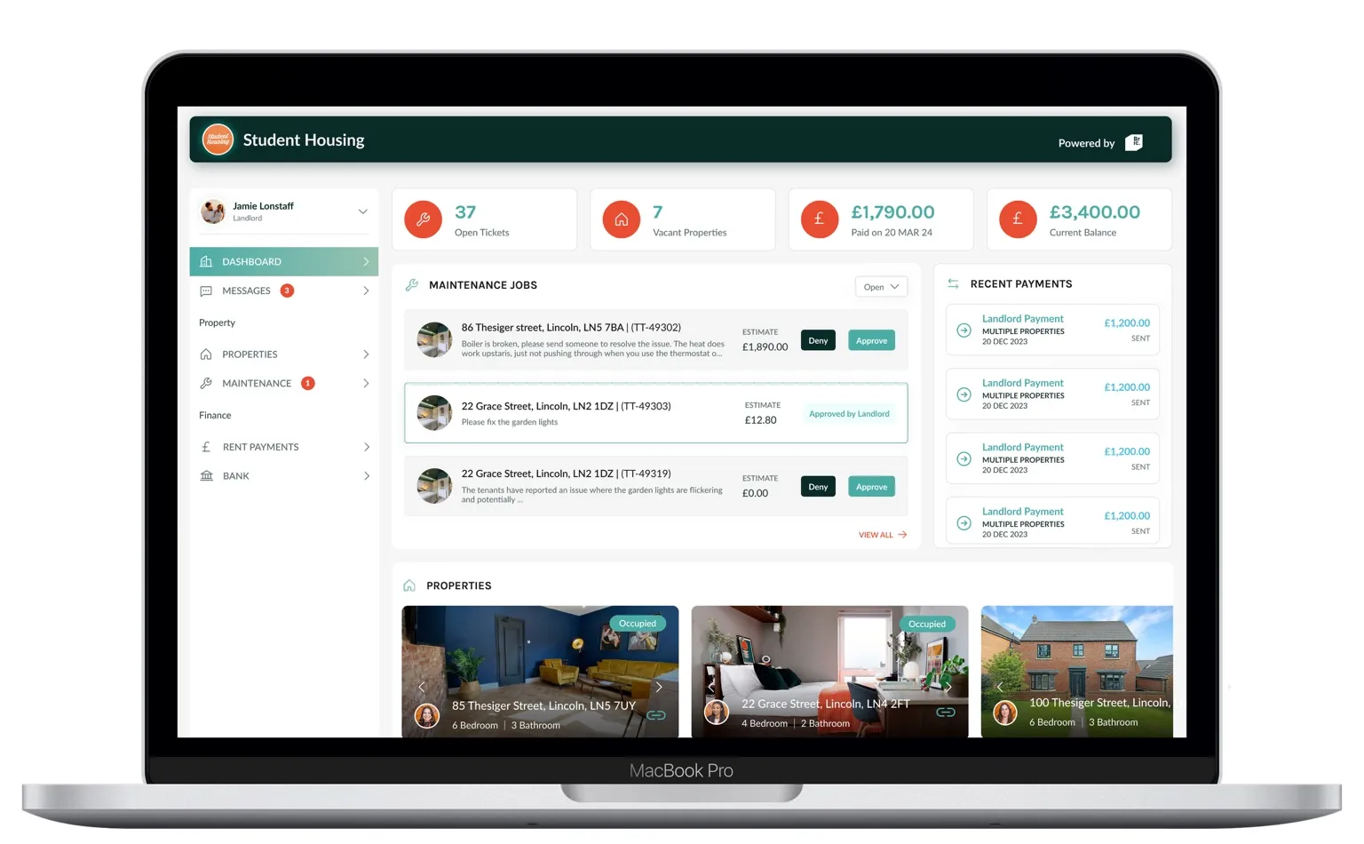 Landlord dashboard showing property management features