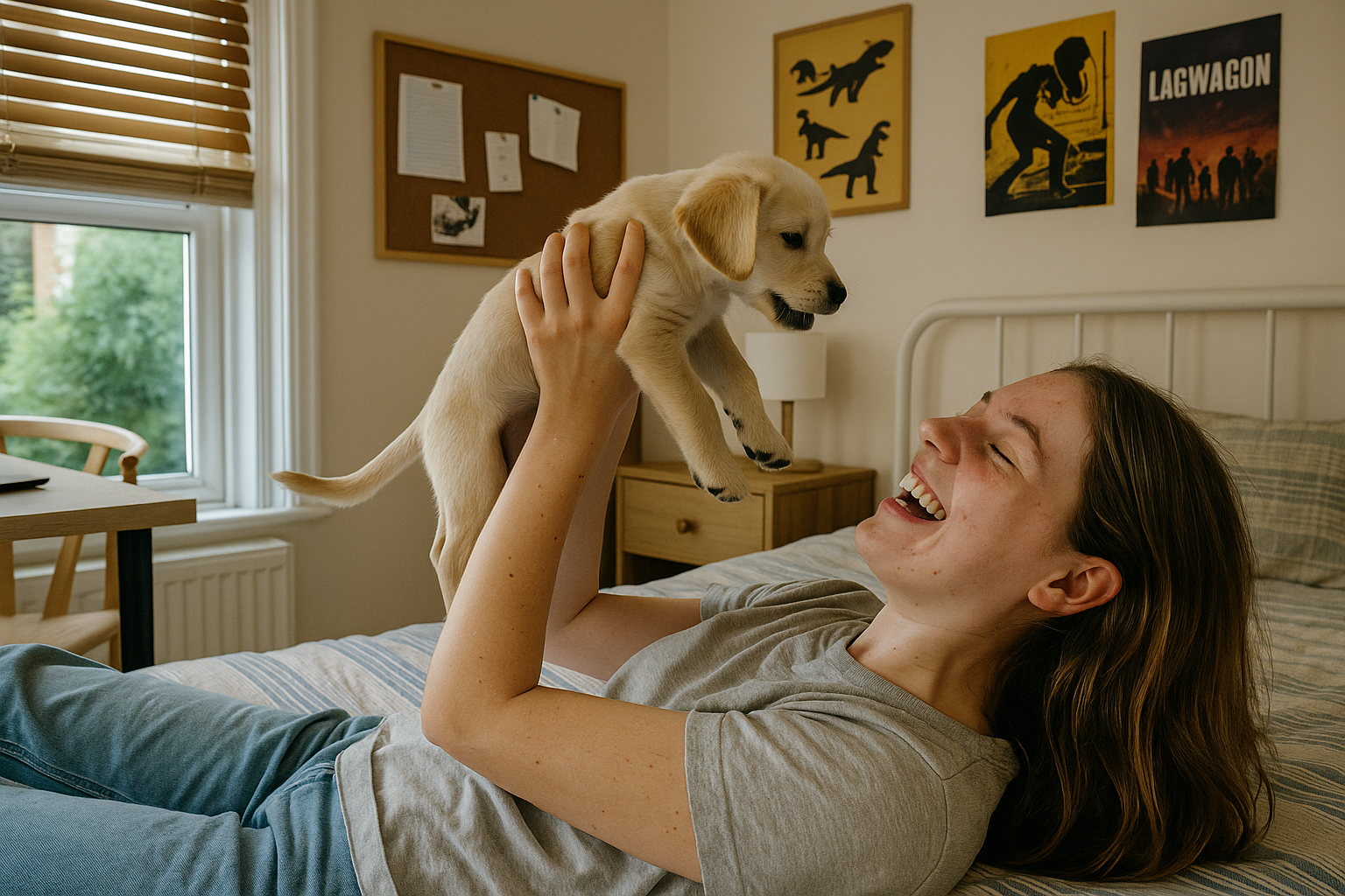 Student with puppy in student accommodation